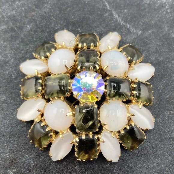 VINTAGE White moonstone, smoky grey, and AB rhinestone statement brooch goth pin - Picture 5 of 7